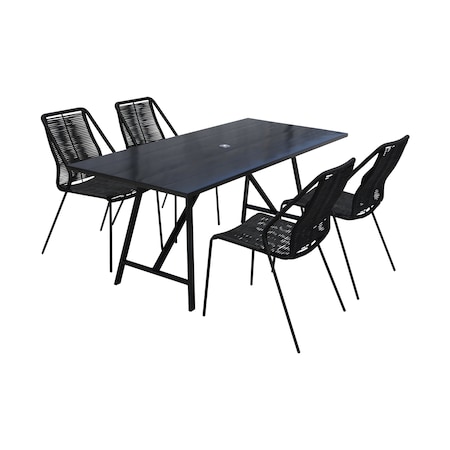Armen Living Koala and Clip 5 Piece Dining Set in Dark Eucalyptus Wood and Metal with Black Rope 840254332324